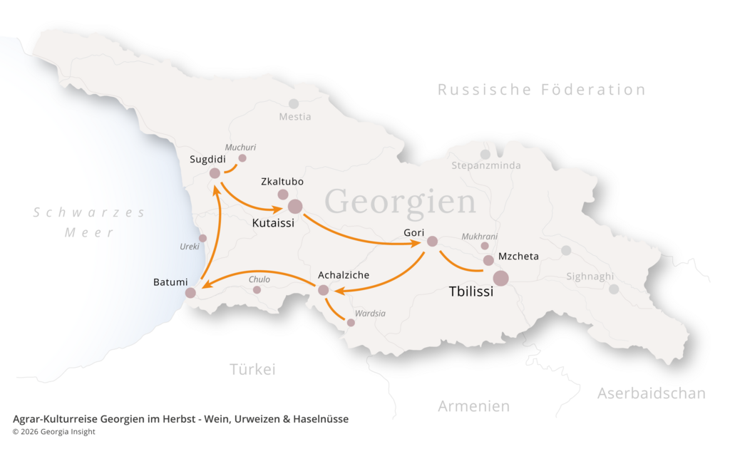 Karte mit Reiseroute zur Georgien Reise Agrar-Kulturreise Georgien 10 Tage | Herbstreise - Wein, Urweizen & Haselnüsse 