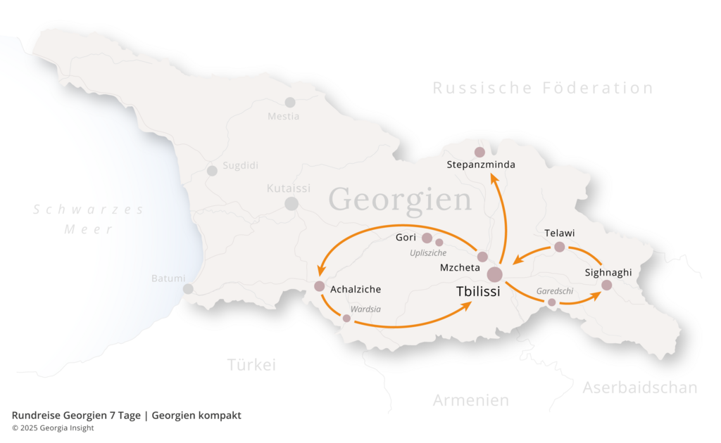 Karte mit Reiseroute zur Georgien Reise Rundreise Georgien 7 Tage | kompakte Kennlernreise 