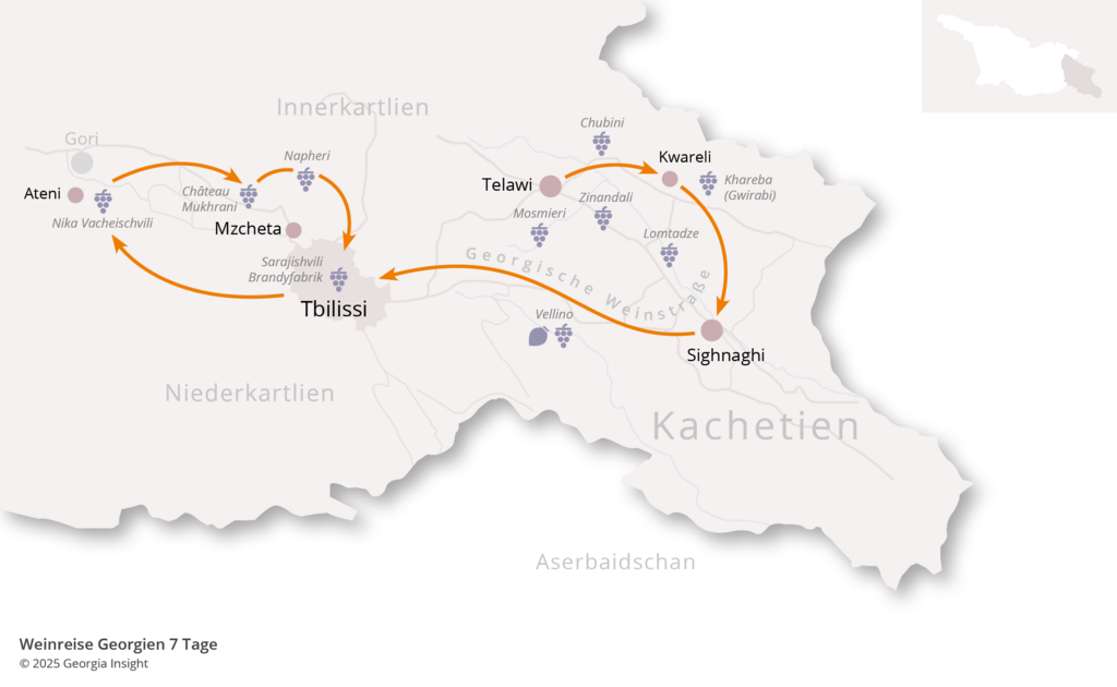 Karte mit Reiseroute zur Georgien Reise Weinreise Georgien 7 Tage 