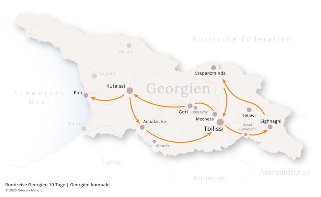 Karte mit Reiseroute zur Georgien Reise Rundreise Georgien 10 Tage | Highlights von Georgien 