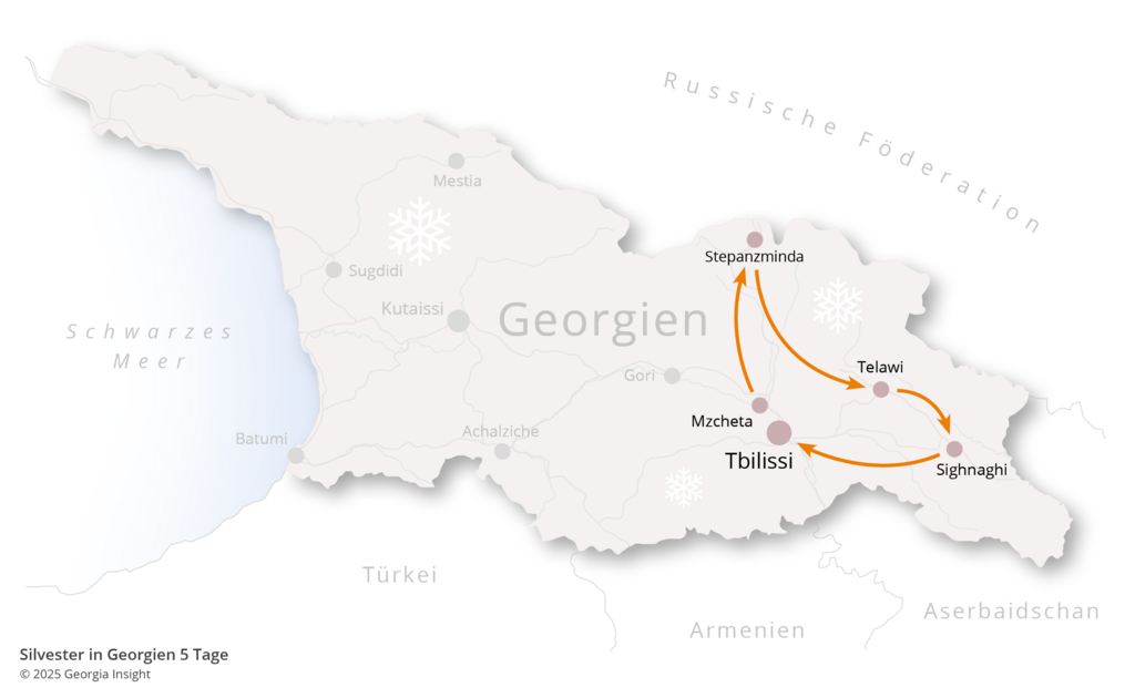 Karte mit Reiseroute zur Georgien Reise Silvester in Georgien 5 Tage 