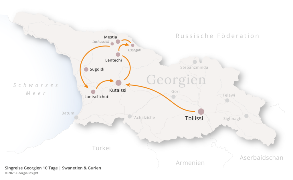 Karte mit Reiseroute zur Georgien Reise Singreise Georgien 10 Tage | Georgische Polyphonie 