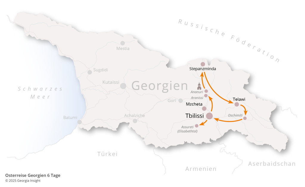 Karte mit Reiseroute zur Georgien Reise Osterreise Georgien 6 Tage 