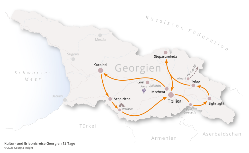 Karte mit Reiseroute zur Georgien Reise Kultur- und Erlebnisreise Georgien 12 Tage 
