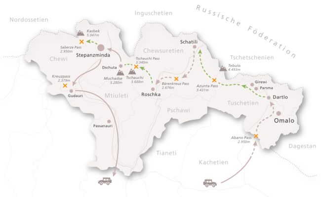 Karte mit Reiseroute zur Georgien Reise Trekking XXL - Tuschetien, Chewsuretien & Chewi - 12 Tage 