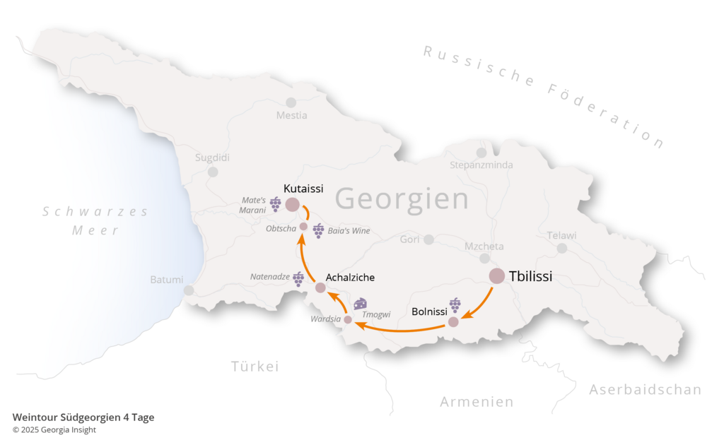 Karte mit Reiseroute zur Georgien Reise Weintour Südgeorgien 4 Tage 