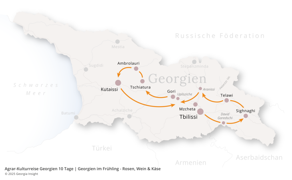 Karte mit Reiseroute zur Georgien Reise Agrar-Kulturreise Georgien 10 Tage | Frühlingsreise - Rosen, Tee & Käse 