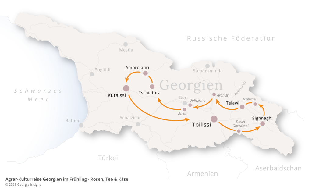 Karte mit Reiseroute zur Georgien Reise Agrar-Kulturreise Georgien 10 Tage | Frühlingsreise - Rosen, Tee & Käse 