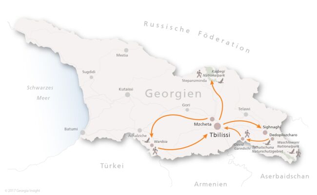 Karte mit Reiseroute zur Georgien Reise Ornithologische Reise Georgien 12 Tage | für Genießer 