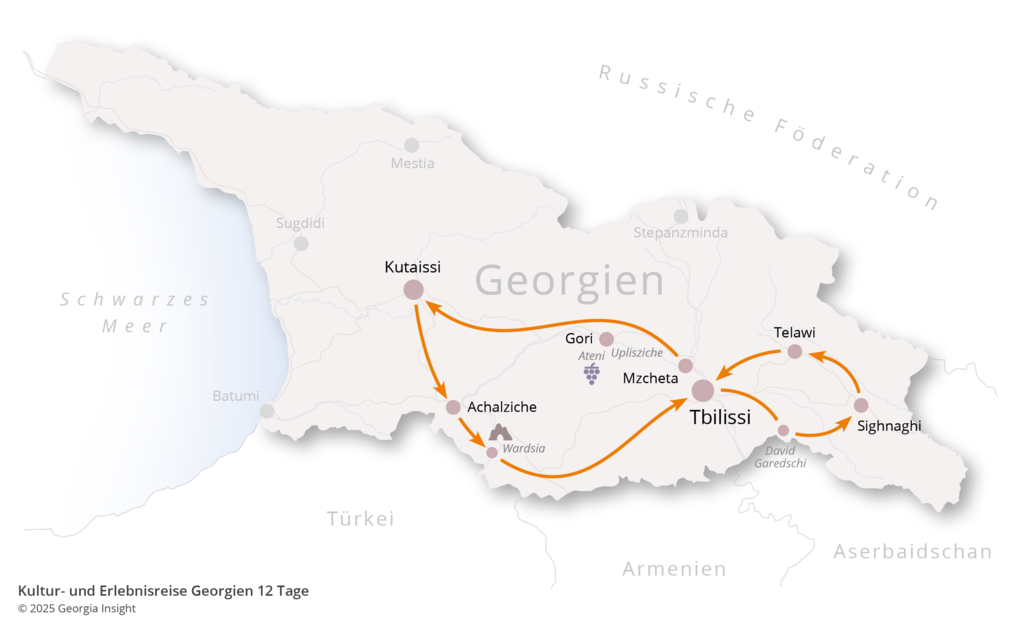 Karte mit Reiseroute zur Georgien Reise Kultur- und Erlebnisreise Georgien 12 Tage 