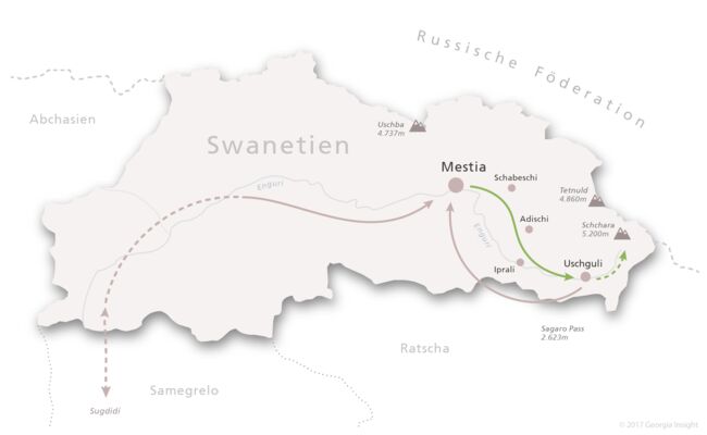 Karte mit Reiseroute zur Georgien Reise Kurzreise Swanetien 5 Tage 