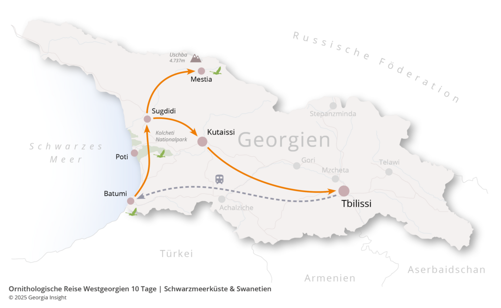 Karte mit Reiseroute zur Georgien Reise Ornithologische Reise Westgeorgien 10 Tage | Schwarzmeerküste 