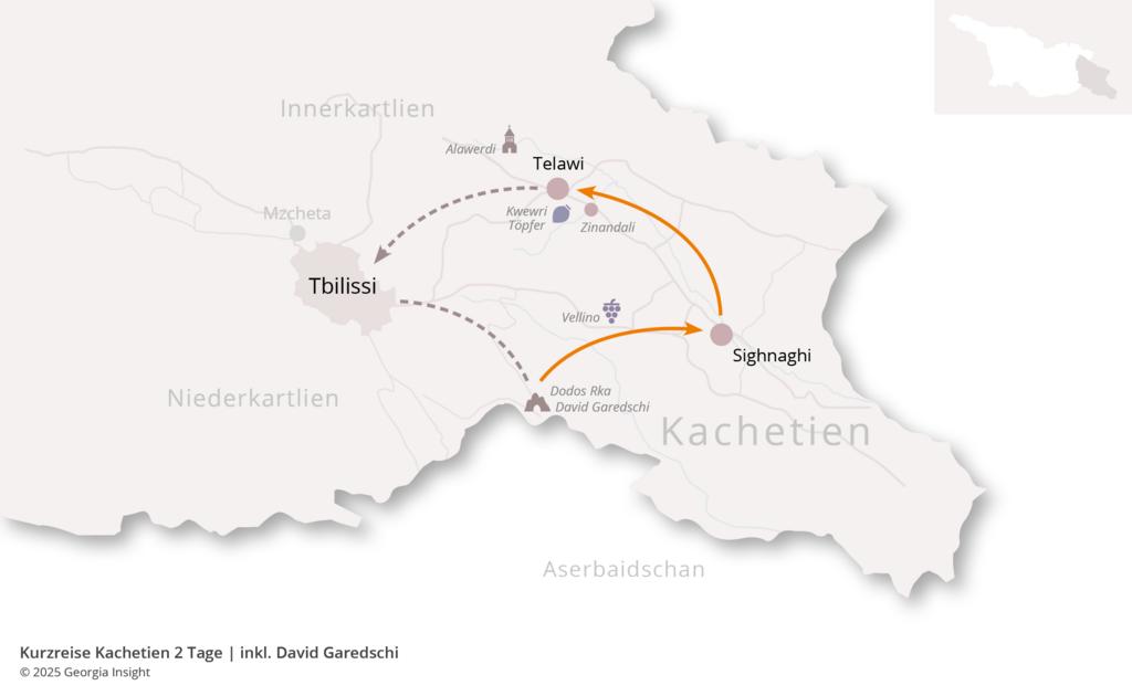 Karte mit Reiseroute zur Georgien Reise Kurzreise Kachetien 2 Tage | inkl. David Garedschi 