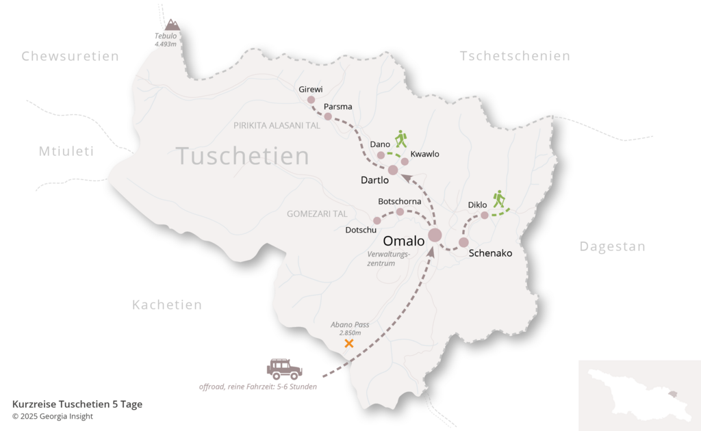 Karte mit Reiseroute zur Georgien Reise Kurzreise Tuschetien 5 Tage 