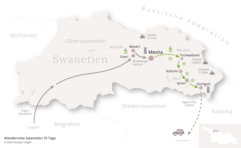 Karte mit Reiseroute zur Georgien Reise Wanderreise Swanetien 10 Tage | inkl. Trekking von Mestia nach Uschguli 