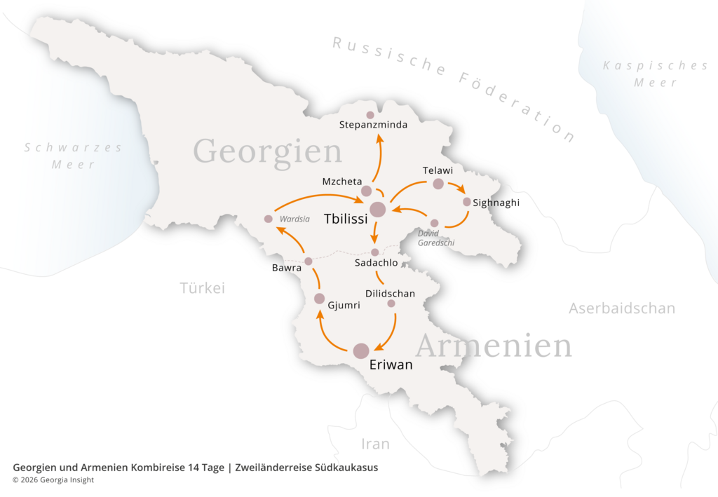 Karte mit Reiseroute zur Georgien Reise Georgien und Armenien Kombireise 14 Tage | Zweiländerreise Südkaukasus 