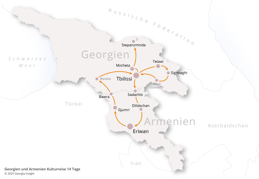 Karte mit Reiseroute zur Georgien Reise Georgien und Armenien Kulturreise 14 Tage 