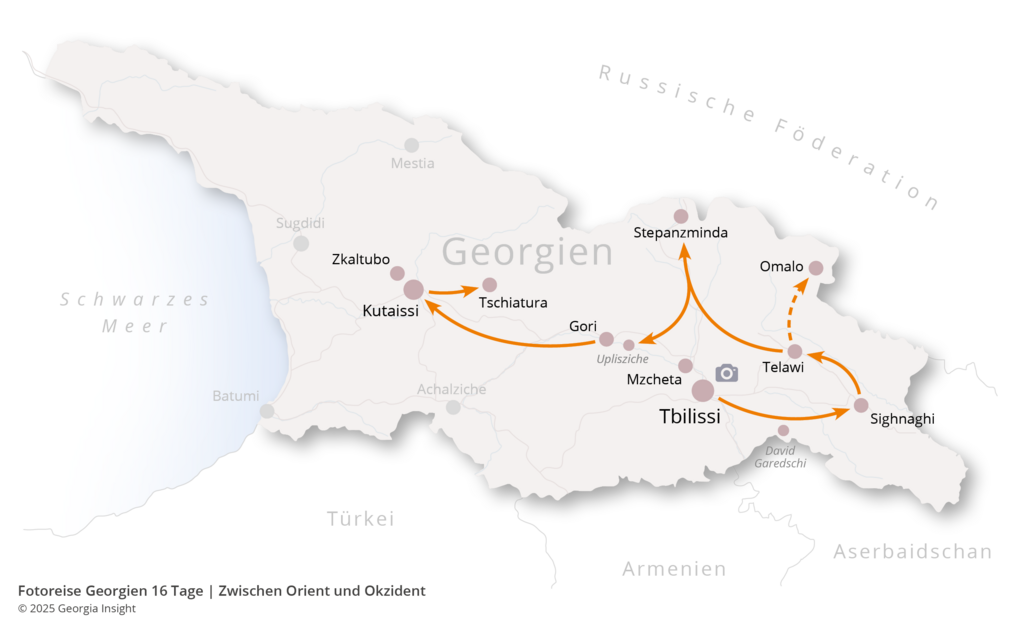 Karte mit Reiseroute zur Georgien Reise Fotoreise Georgien 16 Tage | Zwischen Orient und Okzident 