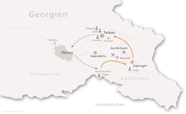 Karte mit Reiseroute zur Georgien Reise Kurzreise Kachetien 2 Tage 