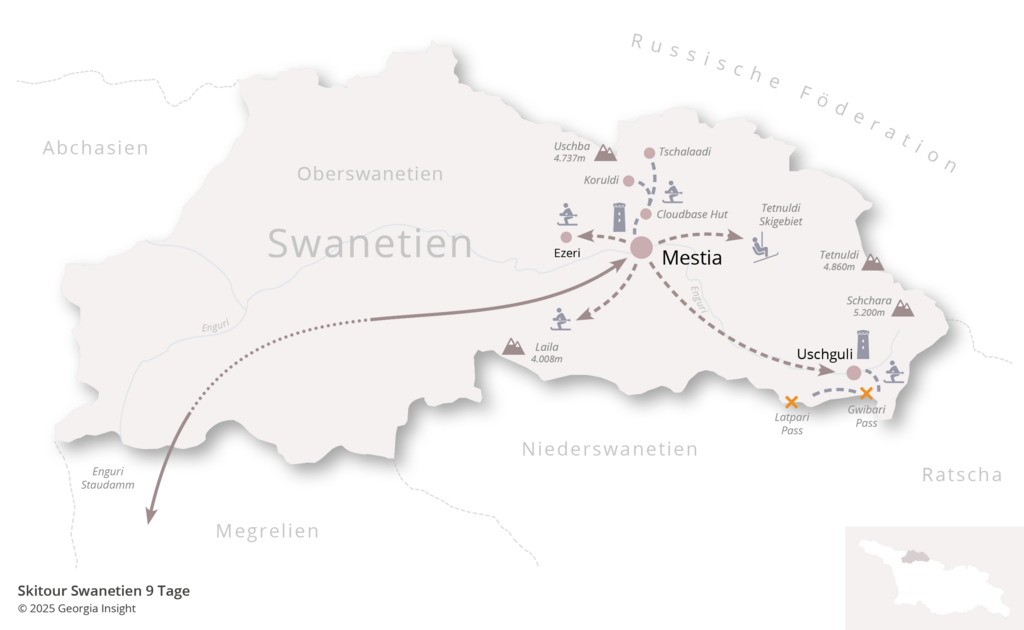 Karte mit Reiseroute zur Georgien Reise Skitour Swanetien 9 Tage 