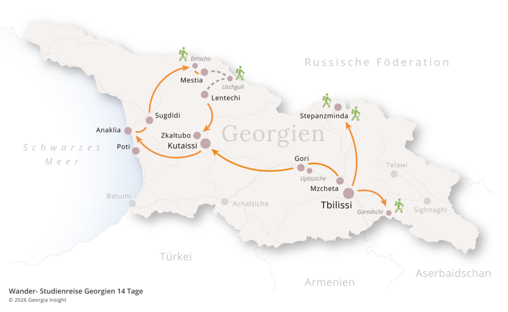 Karte mit Reiseroute zur Georgien Reise Wander-Studienreise Georgien 14 Tage | Auf den Spuren der Argonauten 