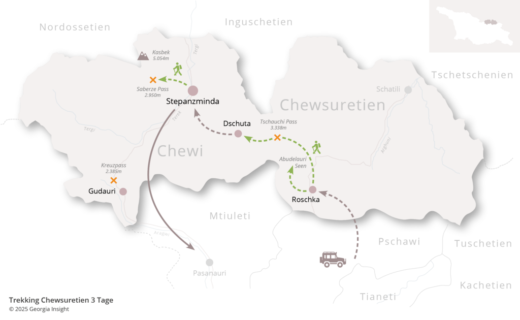Karte mit Reiseroute zur Georgien Reise Bergwandern in Chewi und Chewsuretien 3 Tage 