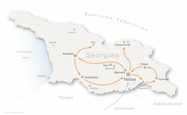 Karte mit Reiseroute zur Georgien Reise Kultur- und Erlebnisreise Georgien 12 Tage 