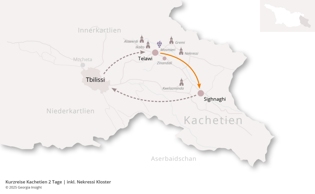 Karte mit Reiseroute zur Georgien Reise Kurzreise Kachetien 2 Tage | inkl. Nekressi Kloster 