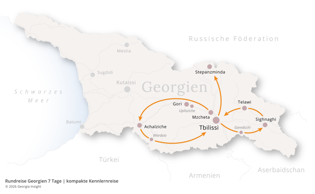 Karte mit Reiseroute zur Georgien Reise Rundreise Georgien 7 Tage | kompakte Kennlernreise 