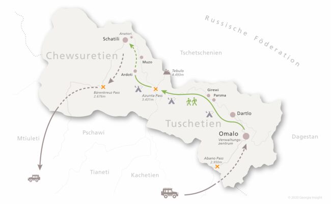 Karte mit Reiseroute zur Georgien Reise Trekking Tuschetien 7 Tage 