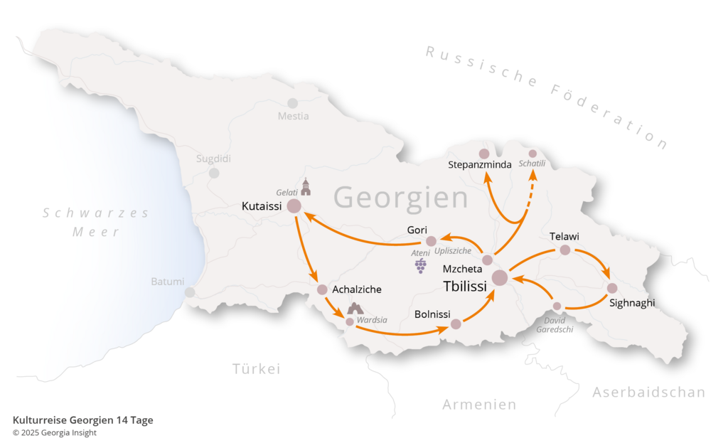 Karte mit Reiseroute zur Georgien Reise Kulturreise Georgien 14 Tage | Meisterwerke georgischer Baukunst & Kultur 