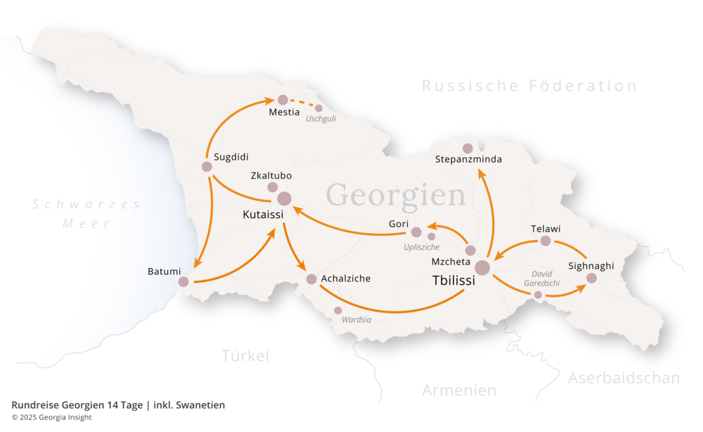 Karte mit Reiseroute zur Georgien Reise Rundreise Georgien 14 Tage | inkl. Swanetien 
