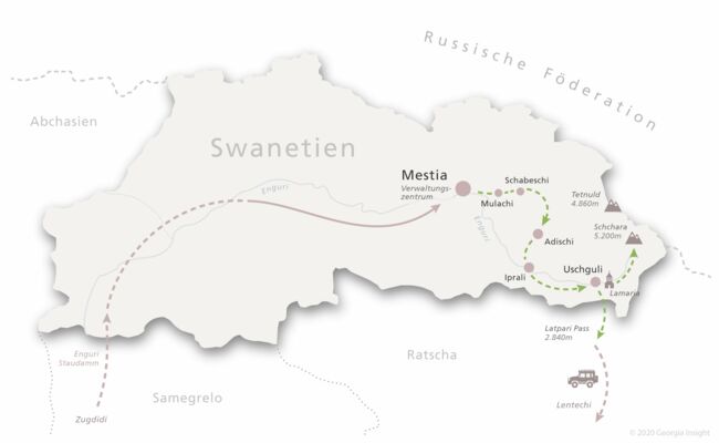 Karte mit Reiseroute zur Georgien Reise Trekking Swanetien 8 Tage 