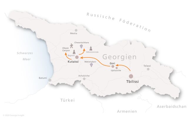 Karte mit Reiseroute zur Georgien Reise Kurzreise Kutaissi 3 Tage | inkl. Bergregion Ratscha 