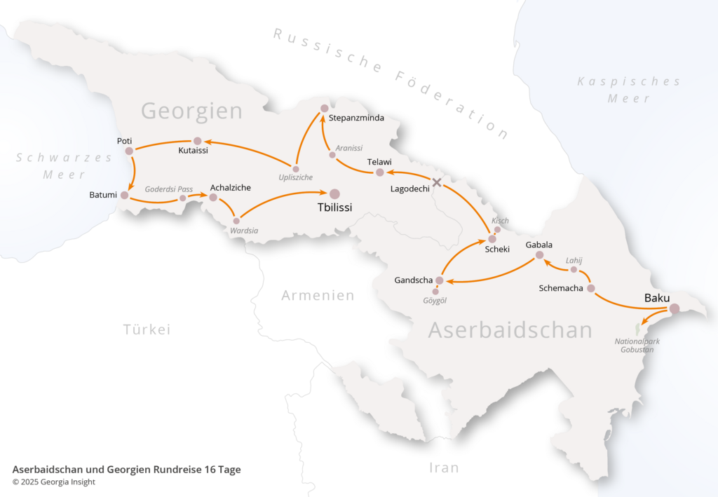 Karte mit Reiseroute zur Georgien Reise Aserbaidschan und Georgien Rundreise 16 Tage 